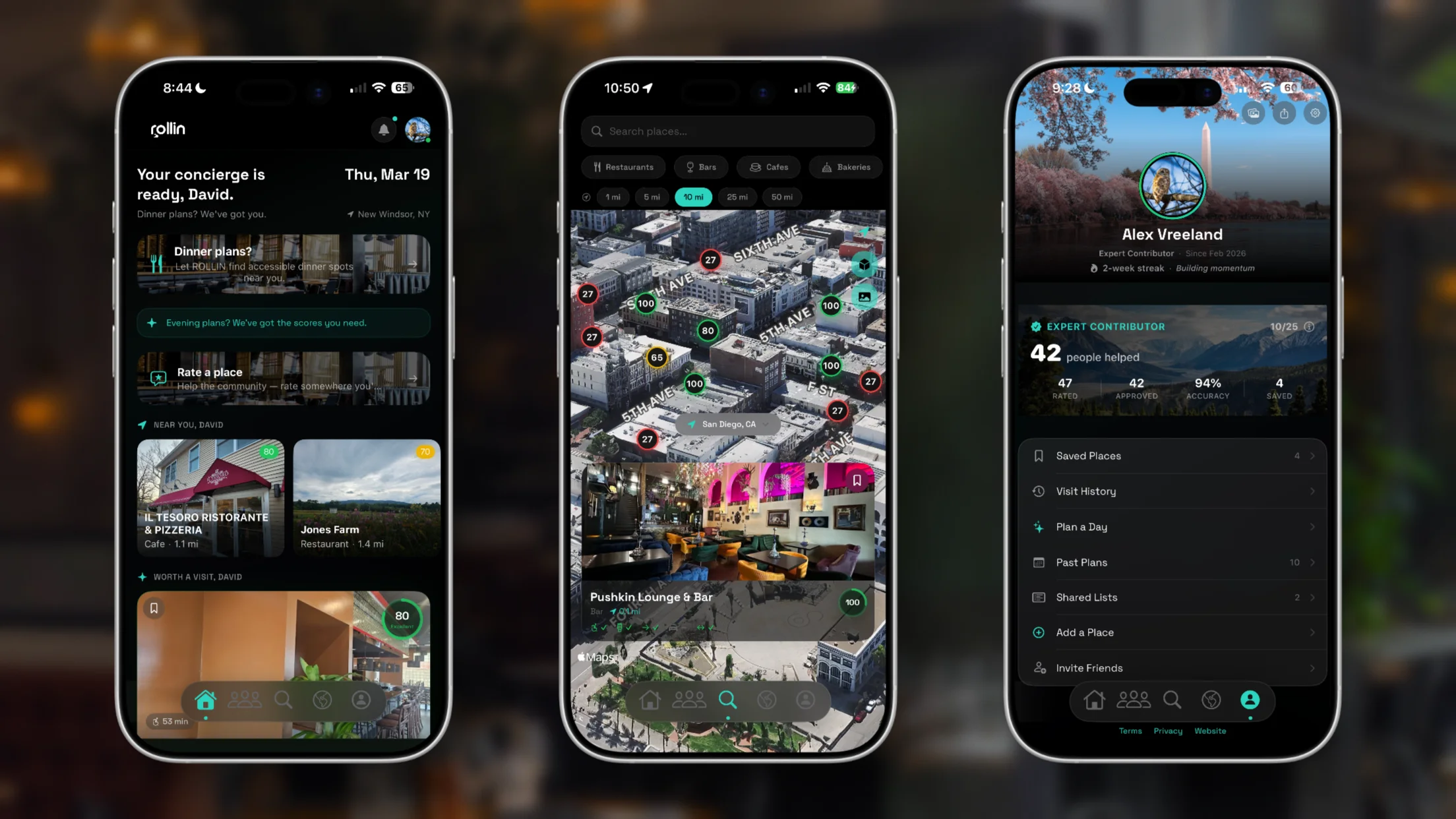 ROLLIN iOS app. profile, 3D map, and location detail