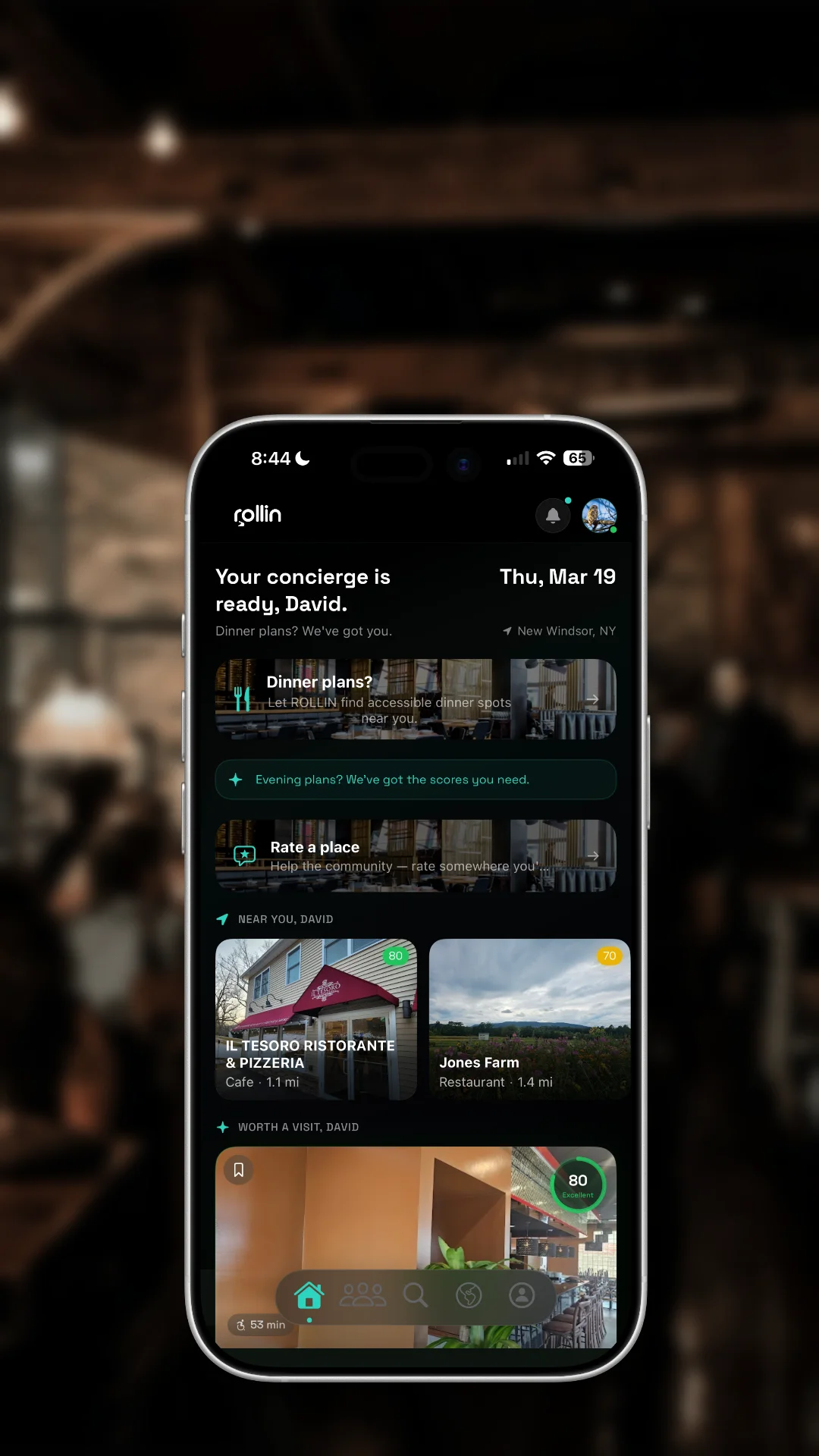 ROLLIN dashboard showing accessibility scores and nearby locations