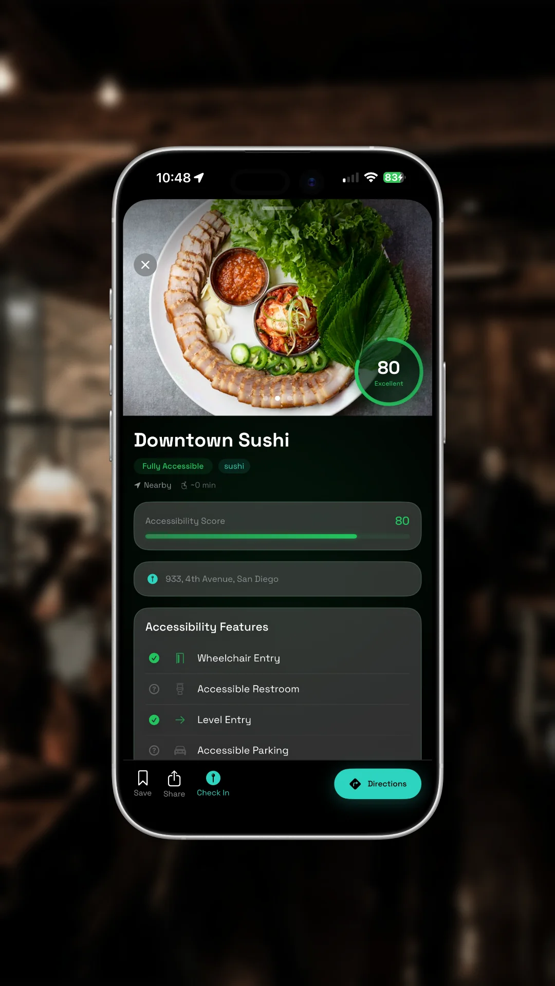 ROLLIN location detail showing 0-100 accessibility score with 6 feature breakdown