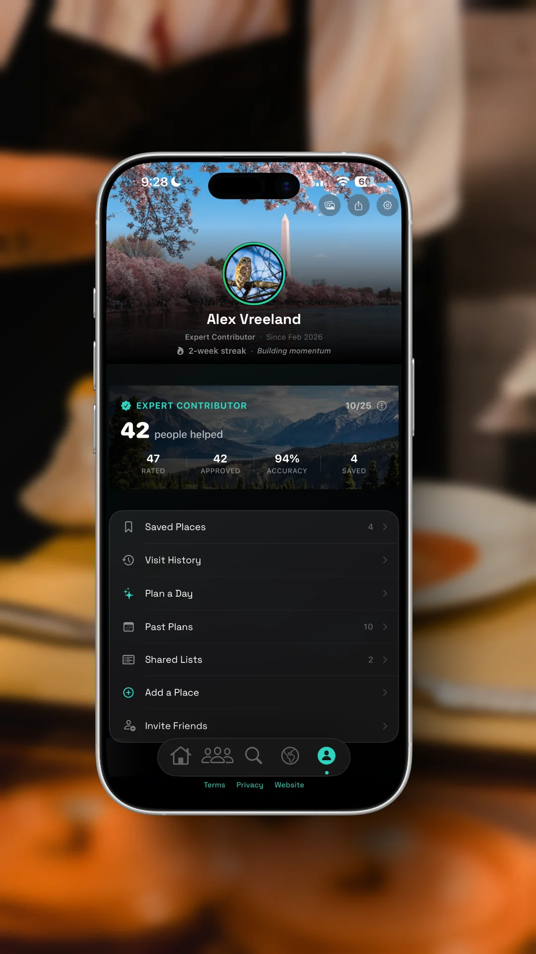 ROLLIN iOS app profile showing contributor stats and impact