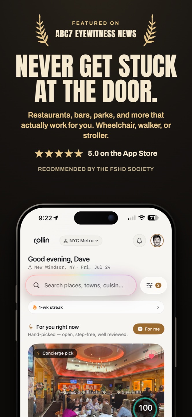 Never get stuck at the door. Restaurants, bars and parks that work for wheelchairs, walkers and strollers. Featured on ABC7 Eyewitness News, 5.0 on the App Store.