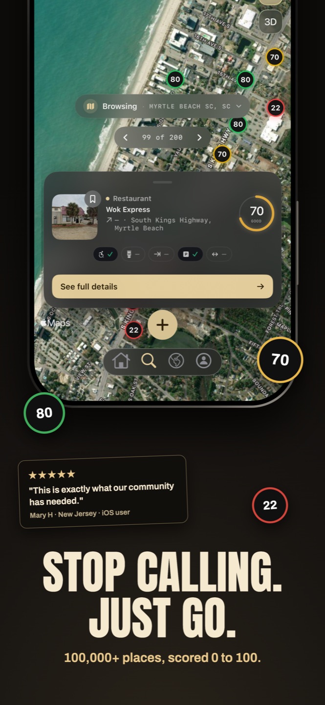 Stop calling. Just go. The ROLLIN map showing scored venues around Myrtle Beach with a restaurant scored 70.