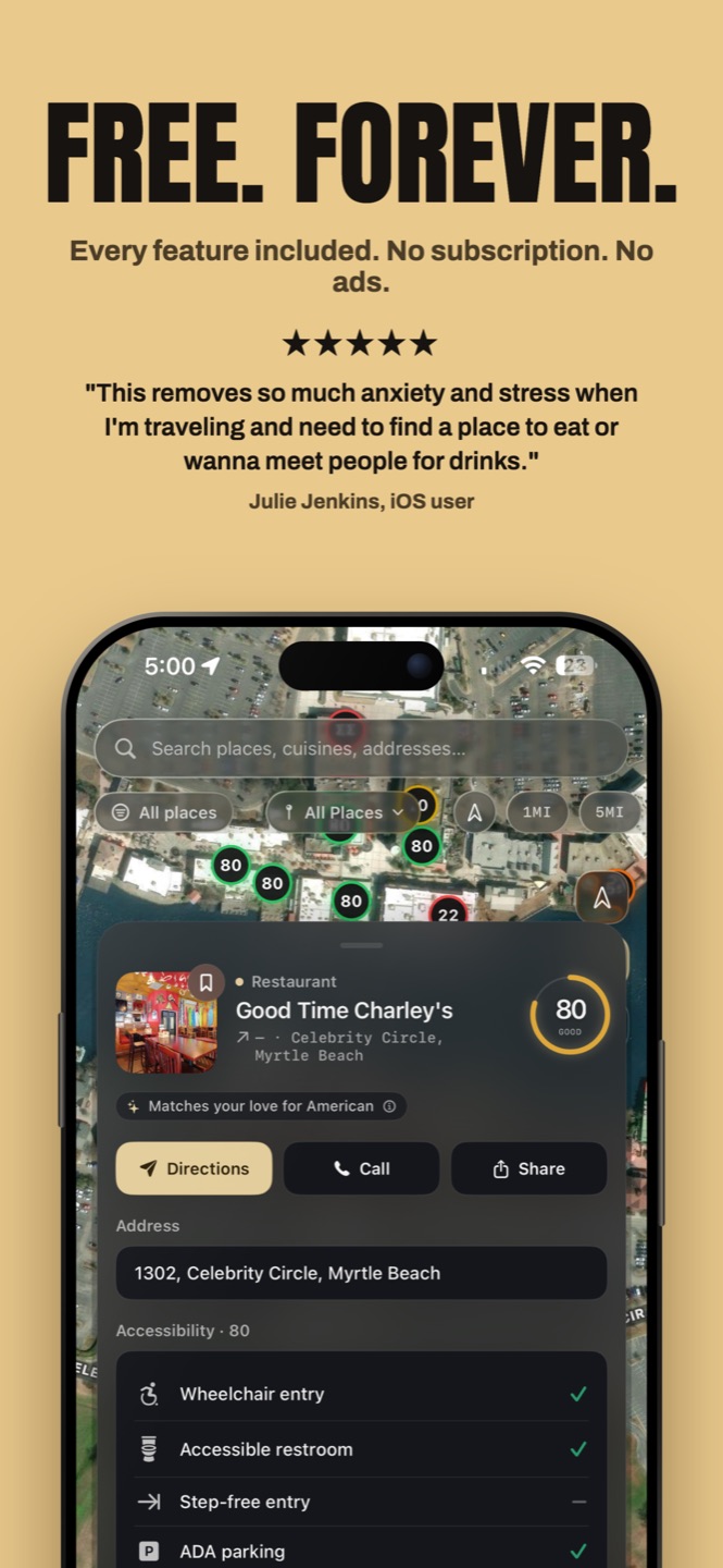 Free forever. Every feature included, no subscription, no ads. Five star review from an iOS user.