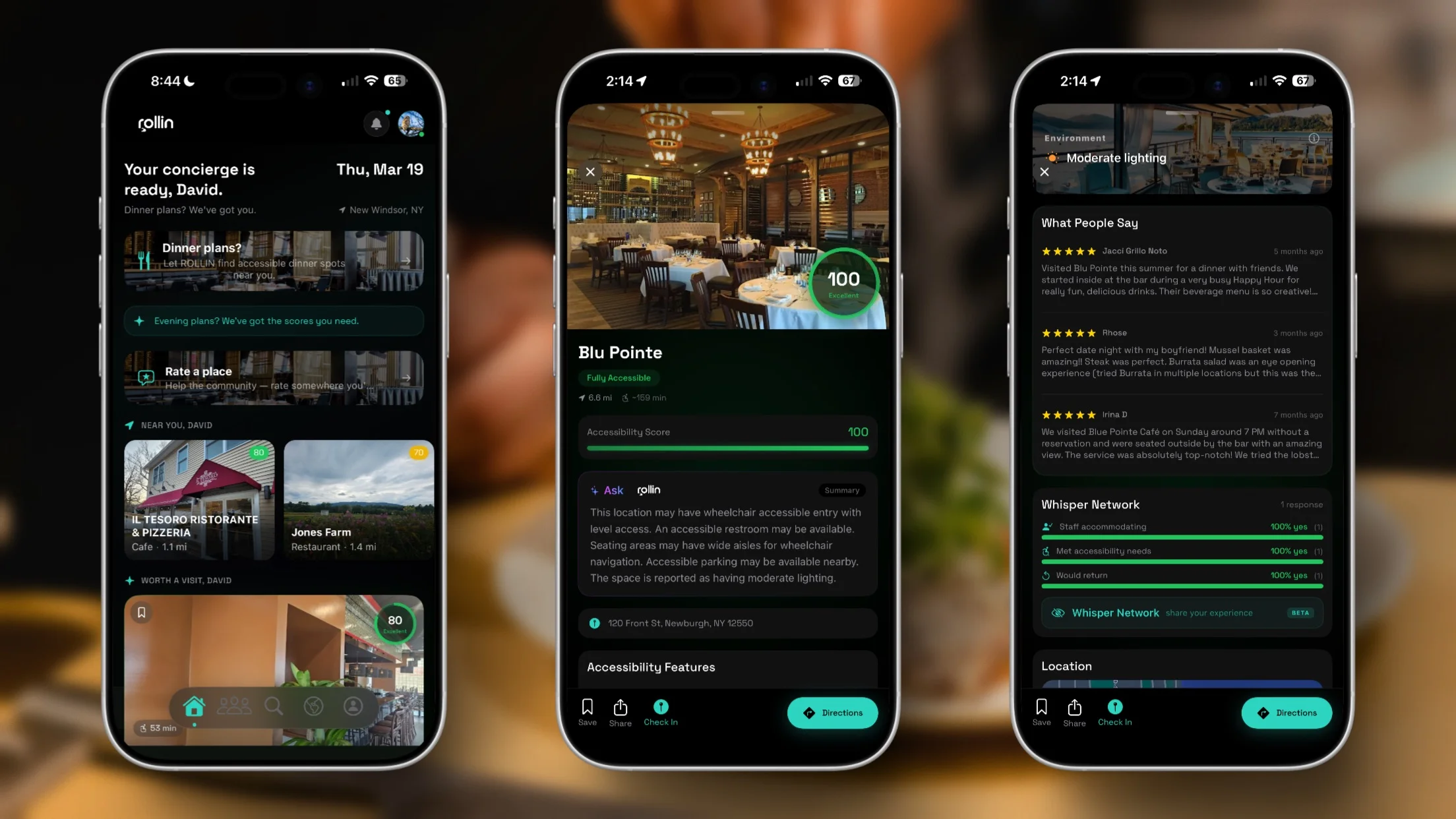 ROLLIN iOS app — home screen, venue detail with 100 score, and community reviews
