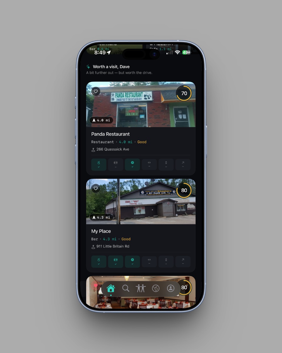 A vertical view of Panda Restaurant and My Place rendered in the new card variants, each showing a real photo, the accessibility score, and the six-feature glance row.