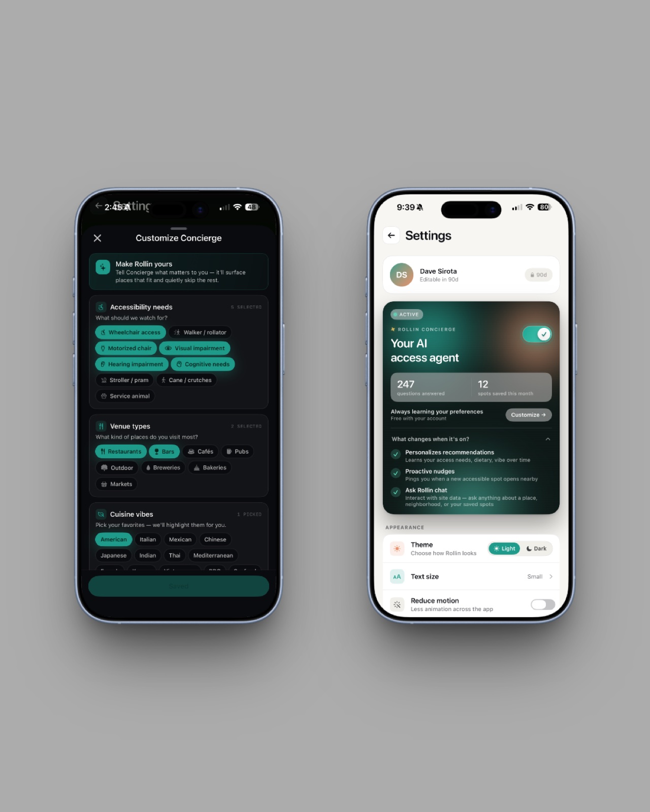 The Customize Concierge screen on the left and the new Settings panel on the right, showing the active Rollin Concierge with personalization toggles and the three concierge modes.