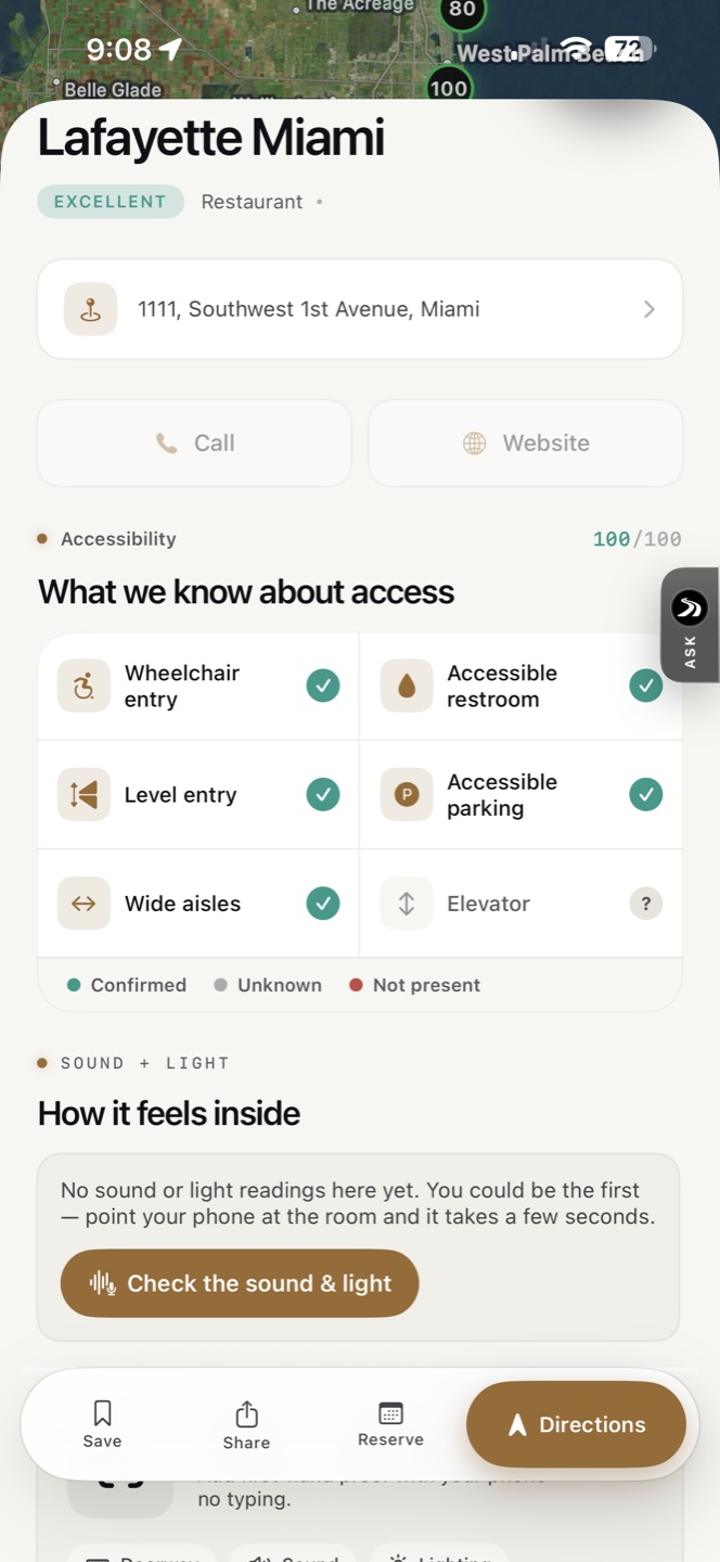 Venue page for City Tavern showing a 100 accessibility score and verified features