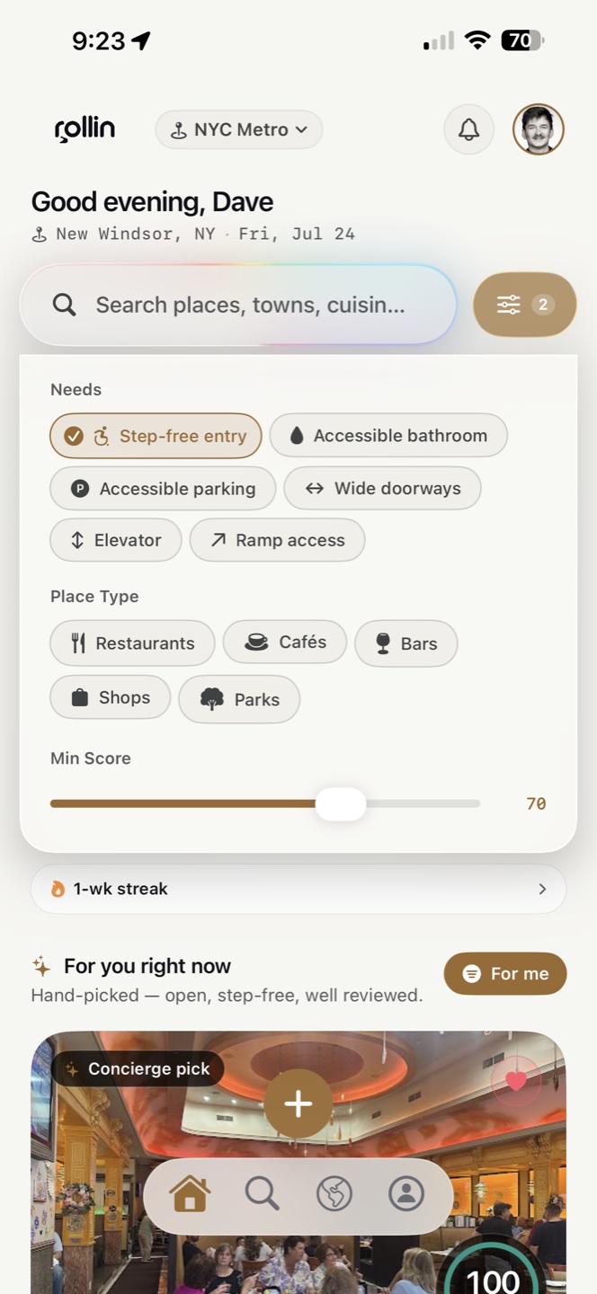 ROLLIN home screen with concierge suggestions and nearby scored places