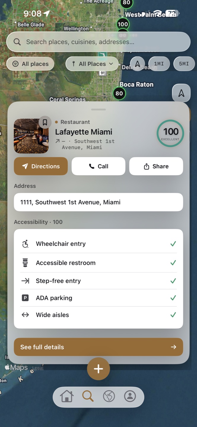 Map view with accessibility scores shown on venue pins