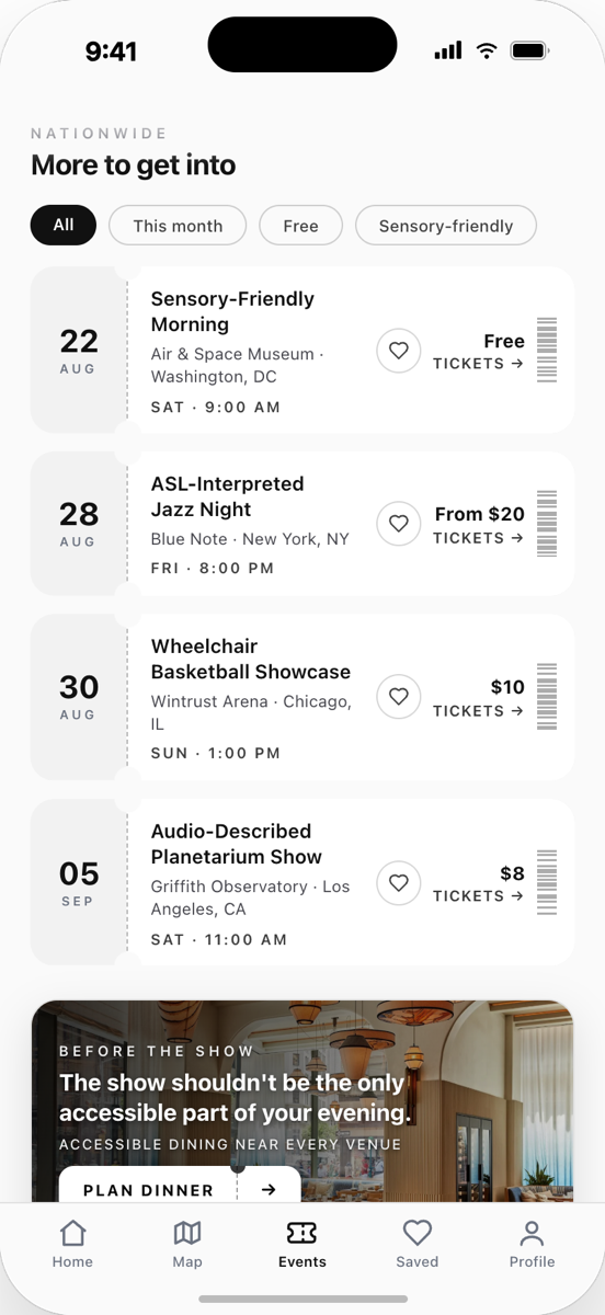ROLLIN events page listing nationwide accessible events with dates, prices, and ticket links