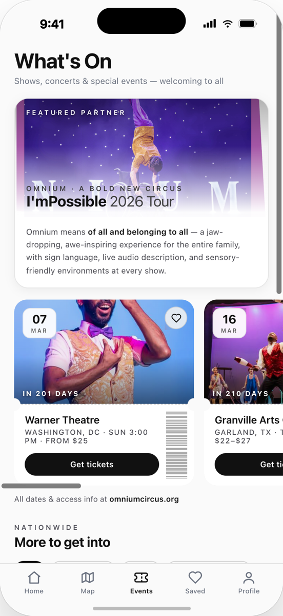 ROLLIN events page showing the Omnium Circus featured-partner showcase with tour dates and Get tickets buttons
