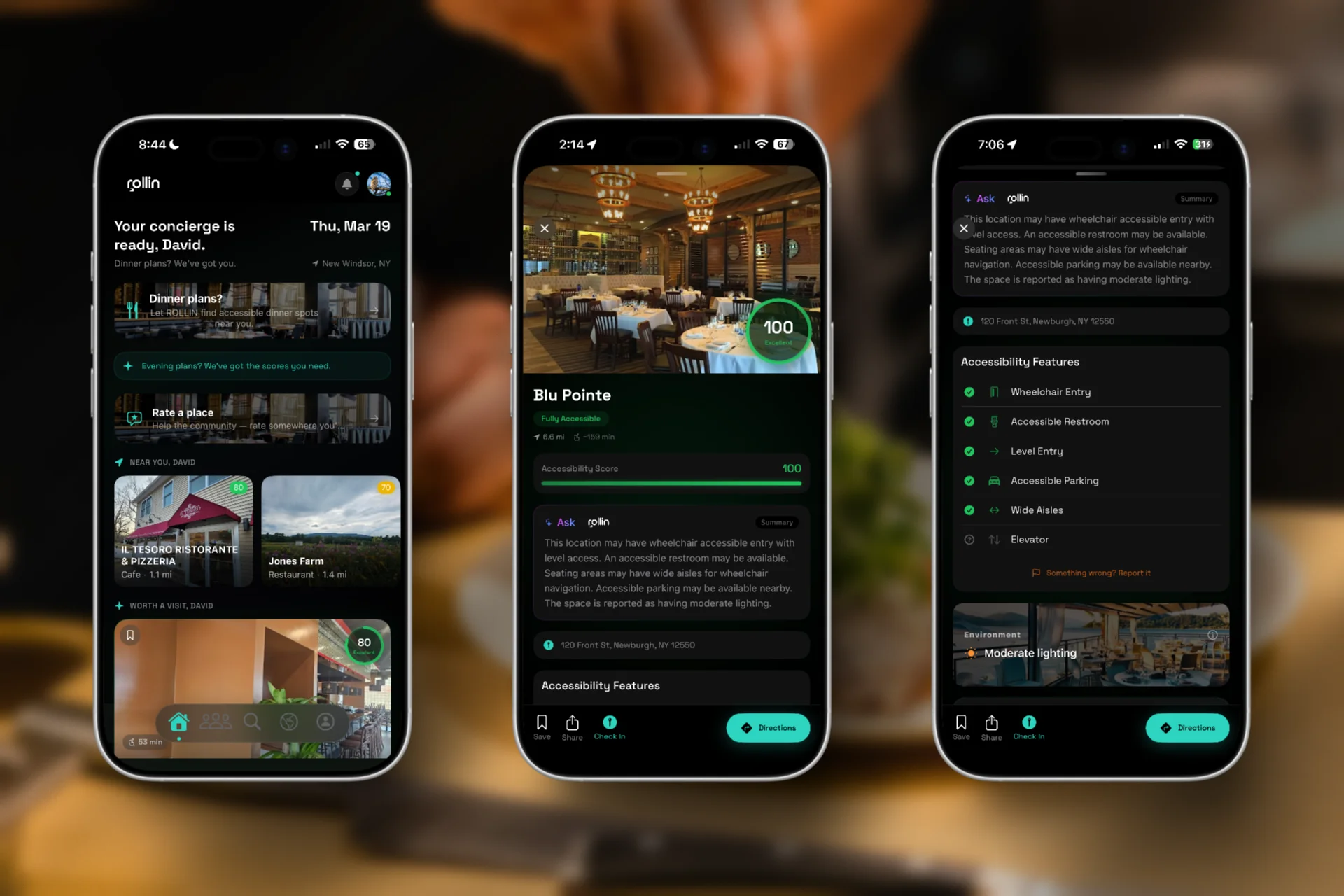 ROLLIN iOS concierge app screens: a personalized home feed of nearby accessible places, a venue scored 100 out of 100, and its verified wheelchair accessibility features