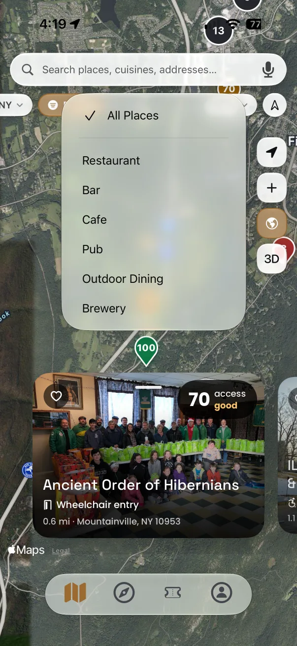 ROLLIN app screenshot: all places menu, from the use the map and filters guide
