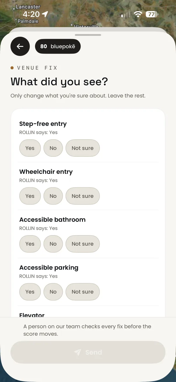 ROLLIN app screenshot: venue fix, from the report something that has changed guide