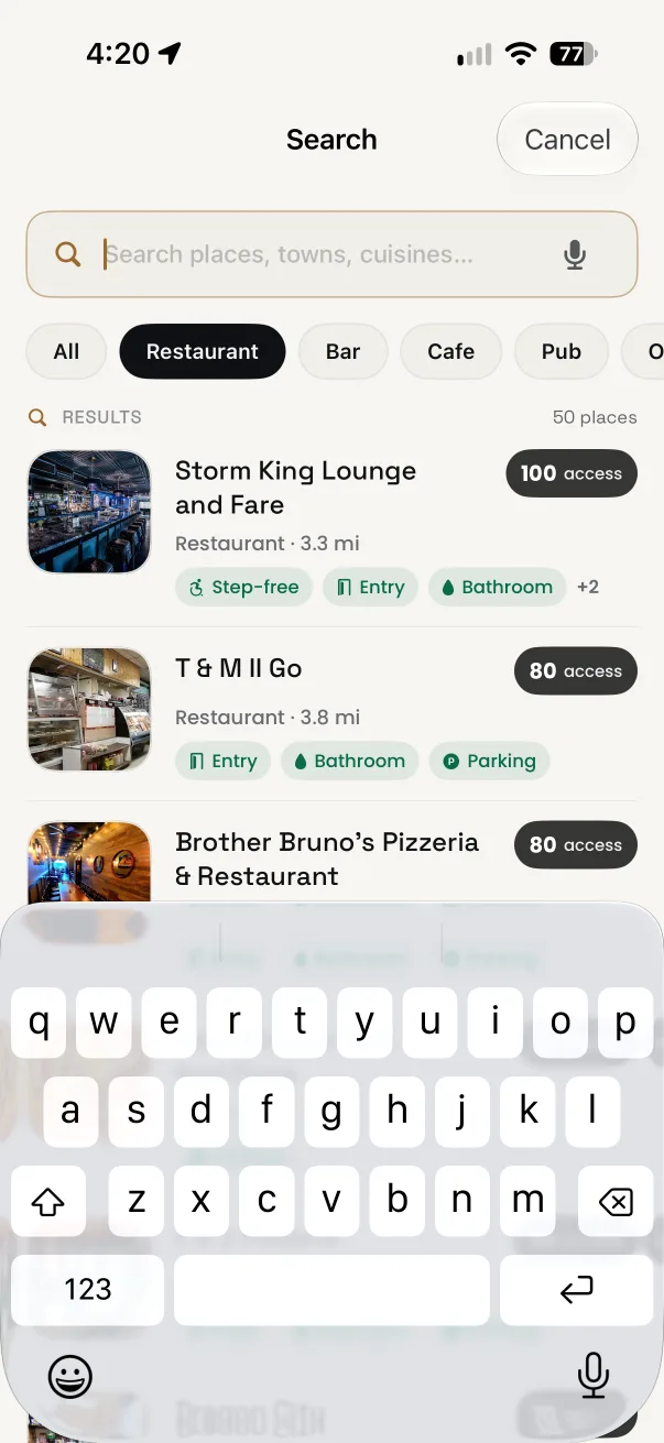 ROLLIN app screenshot: search, from the search for a place guide