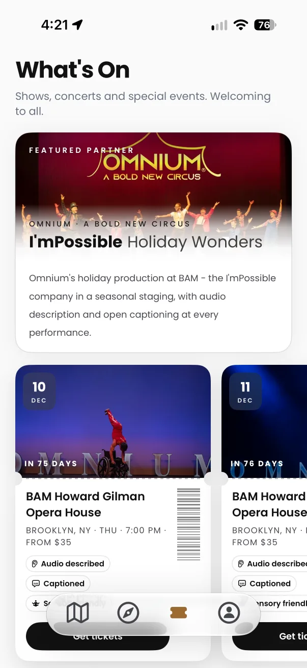 ROLLIN app screenshot: what’s on, from the find events with access guide