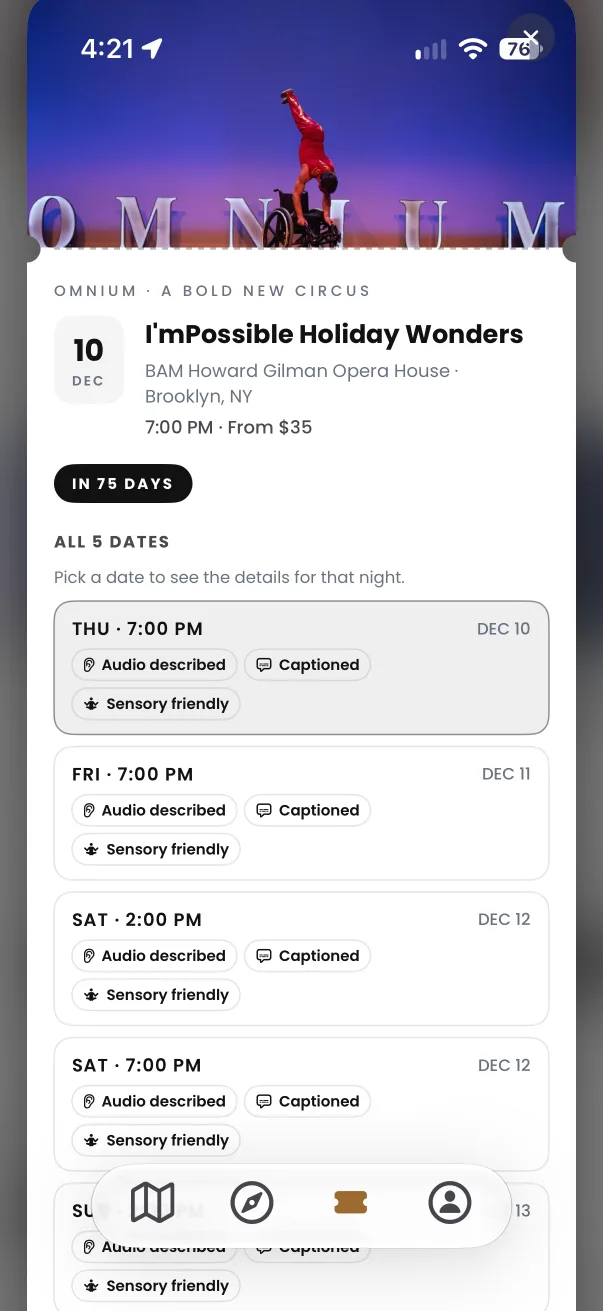 ROLLIN app screenshot: event dates, from the find events with access guide
