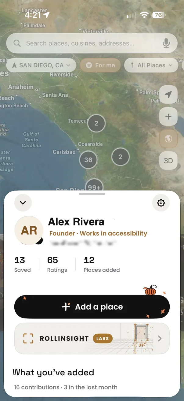 ROLLIN app screenshot: profile, from the your profile at a glance guide
