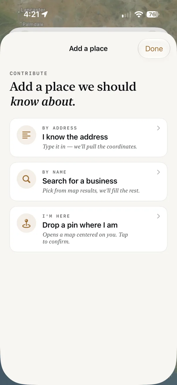 ROLLIN app screenshot: add a place
