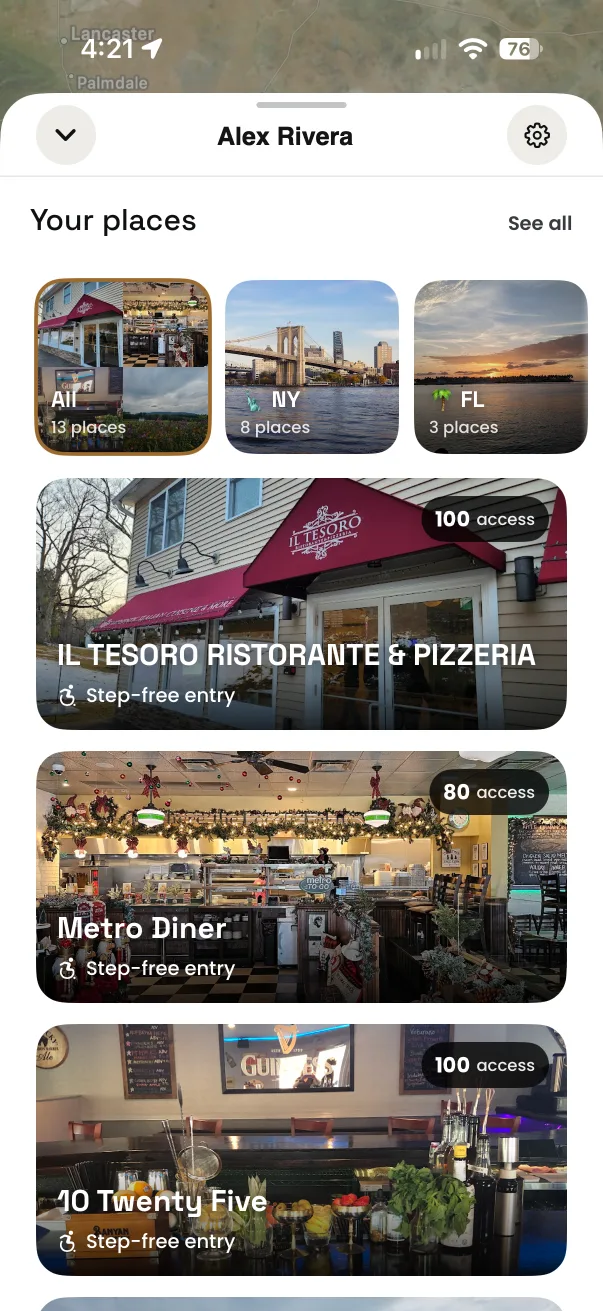 ROLLIN app screenshot: your places, from the save a place guide