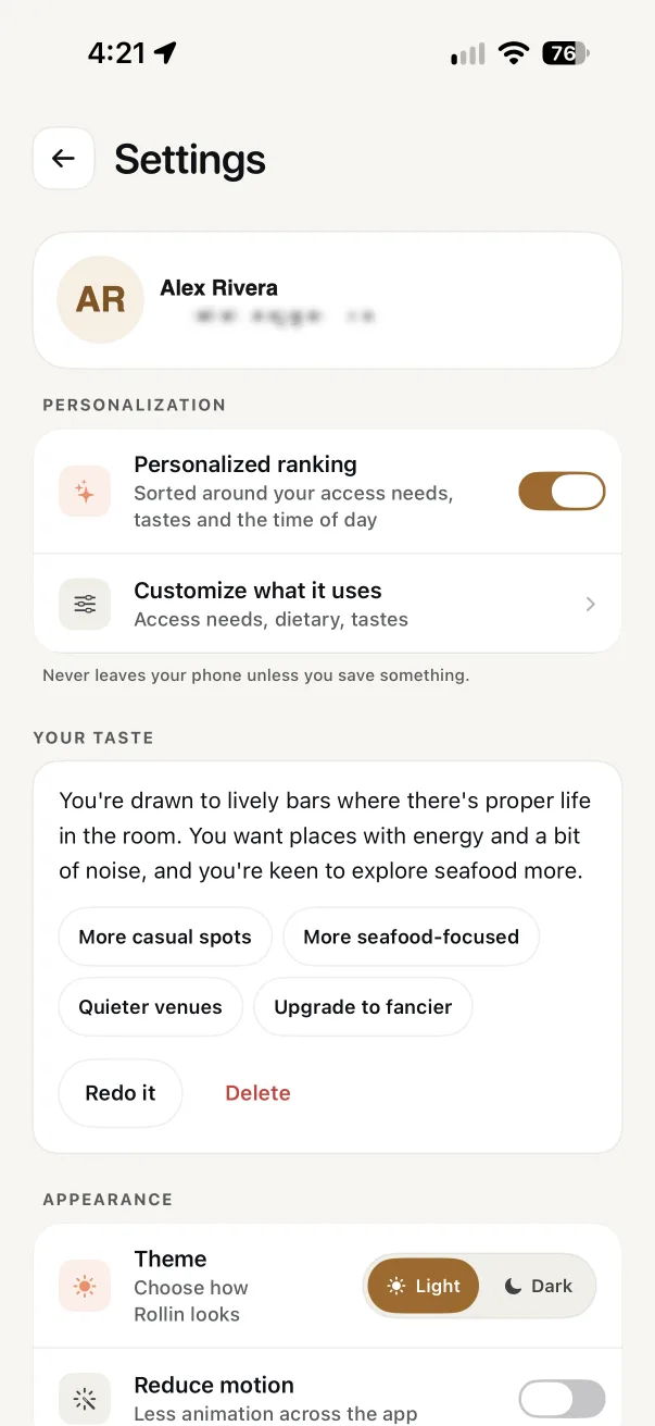 ROLLIN app screenshot: your taste, from the what rollin keeps, and why guide
