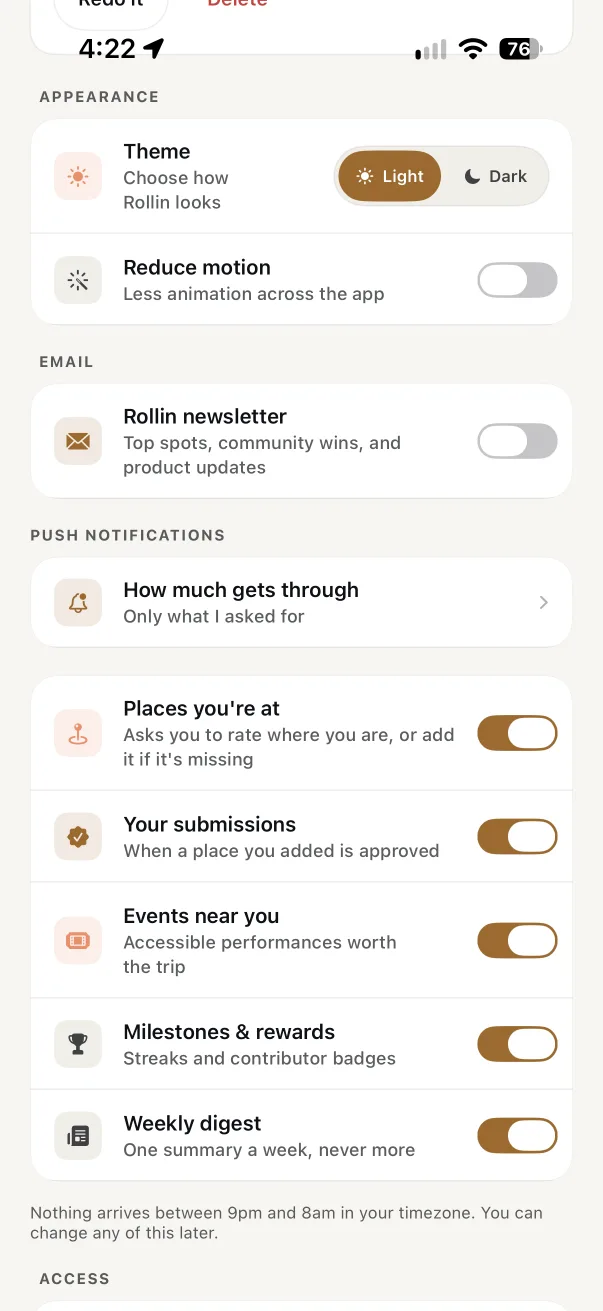 ROLLIN app screenshot: settings, from the theme, motion and notifications guide