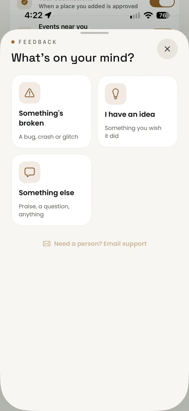 ROLLIN app screenshot: what’s on your mind?, from the send feedback from the app guide