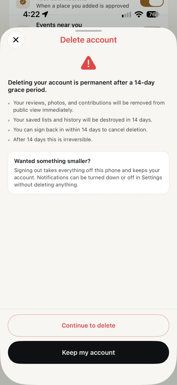 ROLLIN app screenshot: delete account, from the delete your account guide