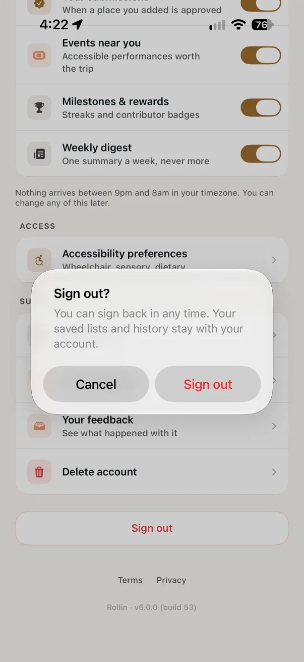 ROLLIN app screenshot: settings → access, from the set your accessibility preferences guide